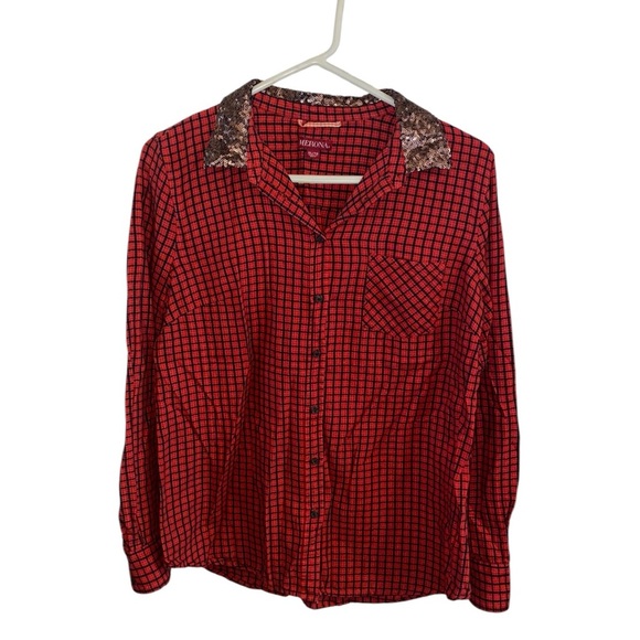 Merona red plaid cotton button down with rose gold sequin collar - Picture 4 of 9